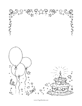 Birthday Cake And Balloons Black and White page border